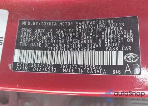 2014 Toyota Corolla S Plus from USA, damaged, VIN 2T1BURHE9EC046926